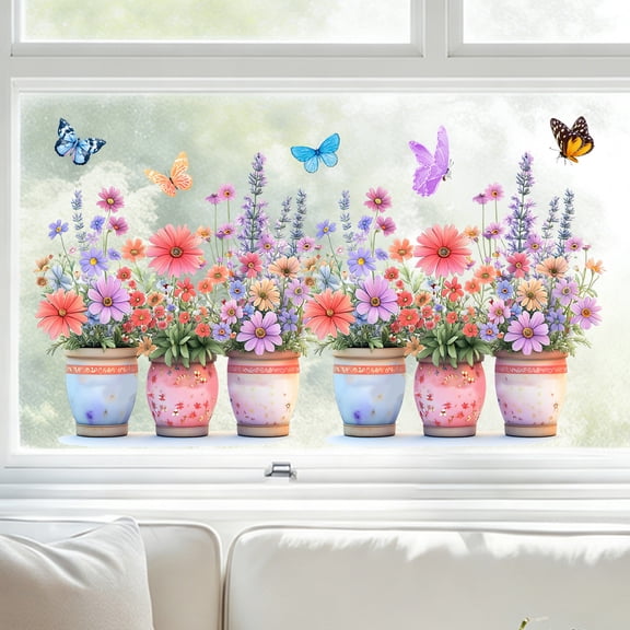 Floral Butterfly Decals Window Clings Static Glass Film Colorful Flower Pot Stickers for Living Room Bedroom Office Decor 21x14 Inch