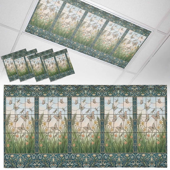 Floral Butterfly Fluorescent Light Covers Retro Flower Butterfly Grass Stained Glass Windows Magnetic Light Filters Ceiling Lighting Panel Shade for Classroom Office Home 2 x 4 ft, 4 Pack
