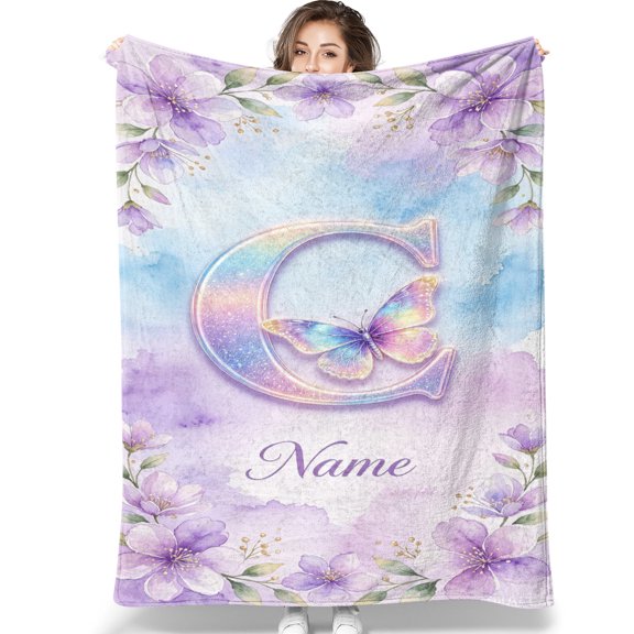 Floral Butterfly Initial Blanket Gifts for Women, Flannel Throw Custom NAME Letter Present for Mom Grandma Aunt Girls Birthday Christmas-C 30*40IN
