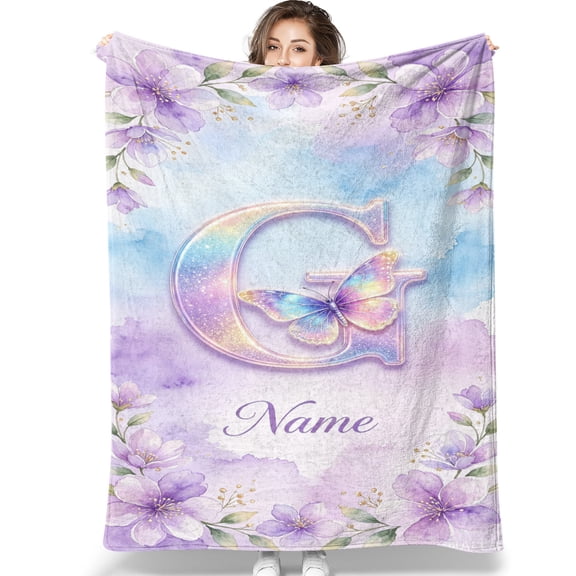 Floral Butterfly Initial Blanket Gifts for Women, Flannel Throw Custom NAME Letter Present for Mom Grandma Aunt Girls Birthday Christmas-G 30*40IN