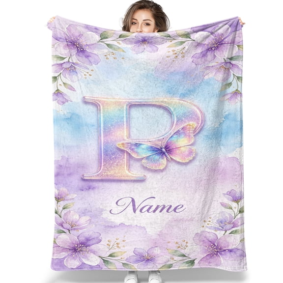 Floral Butterfly Initial Blanket Gifts for Women, Flannel Throw Custom NAME Letter Present for Mom Grandma Aunt Girls Birthday Christmas-P 30*40IN
