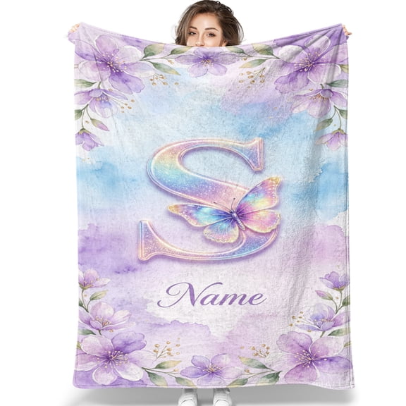 Floral Butterfly Initial Blanket Gifts for Women, Flannel Throw Custom NAME Letter Present for Mom Grandma Aunt Girls Birthday Christmas-S 30*40IN