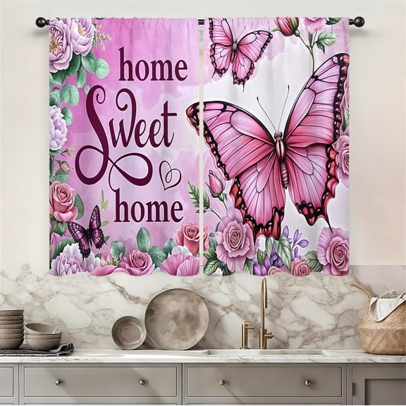 Floral Butterfly Kitchen Curtains 27.5W X 39L Inch 2 Panel Rod Pocket Flower Farmhouse Home Sweet Cute Rose Spring Leaves Small Short Cafe Tier Window Drapes Bathroom Home Decor