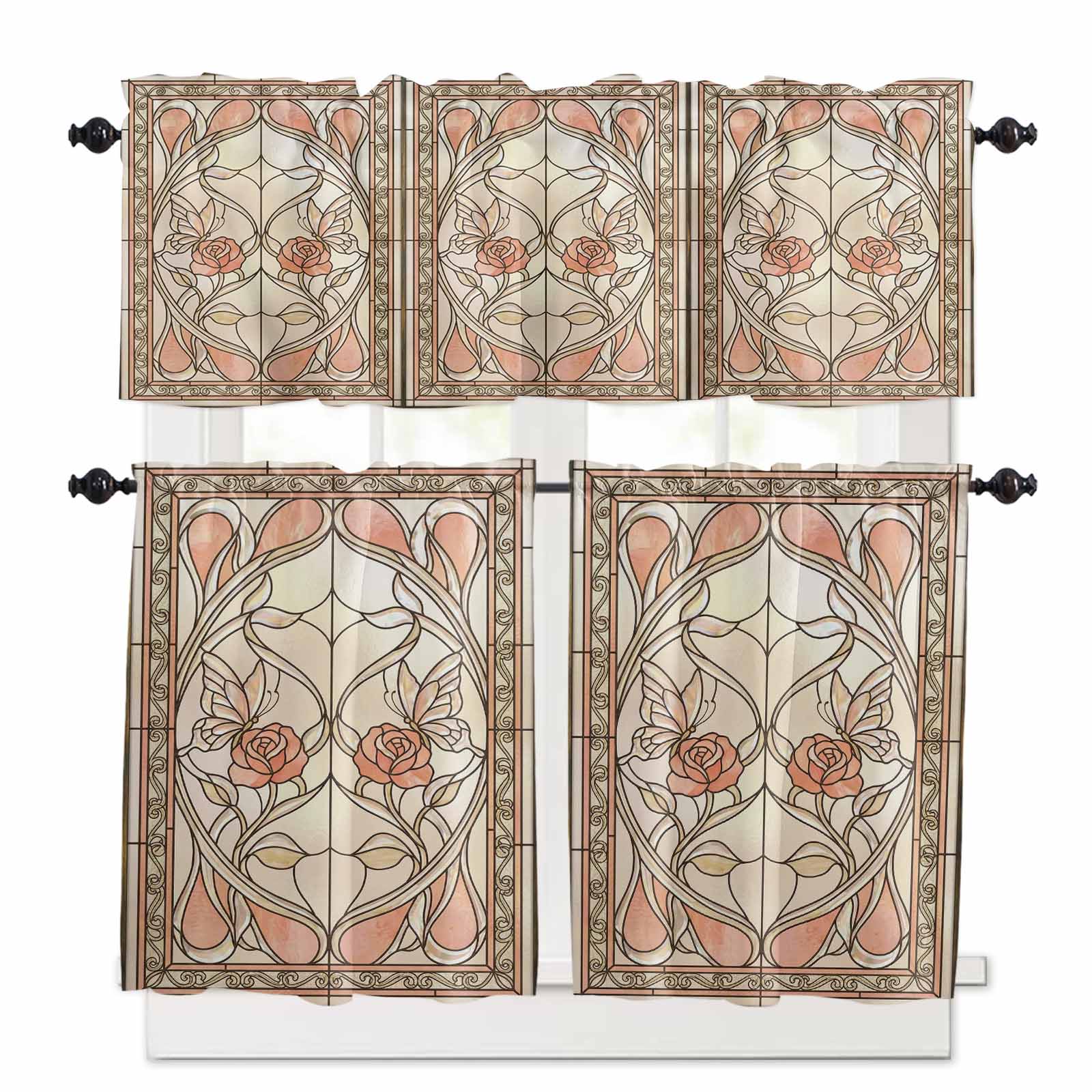 Pink Glass Rods Floral Butterfly Kitchen Curtains Valance and Tier Set Retro Pink ...