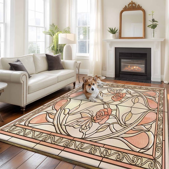 Floral Butterfly Large Area Rugs 5x8 ft Retro Pink Floral Leaf Butterfly Pink Glass Washable Rug Non Slip Indoor Carpet Absorbent Floor Mat for Living Room Bedroom Dining Room