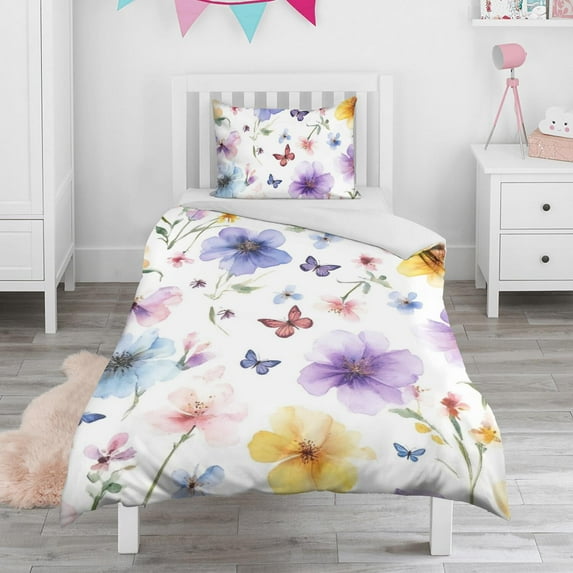 Floral Butterfly Pattern Duvet Cover and Pillowcase Set for Single Bedding, Bedroom Accessories for Kids Teens