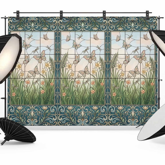 Floral Butterfly Photography Backdrop 7x5FT, Retro Flower Butterfly Grass Stained Glass Windows Photo Backdrops, Background for Photography Studio Photo Studio Background, Back Drop for Photoshoot