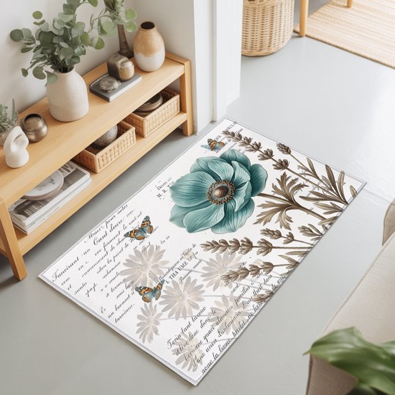 Floral Butterfly Retro Plant Rectangle Rug 2'x3' Vintage Old Newspapers Washable Area Rugs for Living Room Bedroom Entryway Non Slip Entrance Door Mat Indoor Floor Carpet
