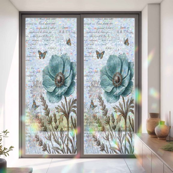 Floral Butterfly Retro Plant Window Privacy Film,Decorative Windows Static Cling Vintage Old Newspapers Heat Control Removable Glass Sticker for Home Bathroom Bedroom Window Door,35x79in