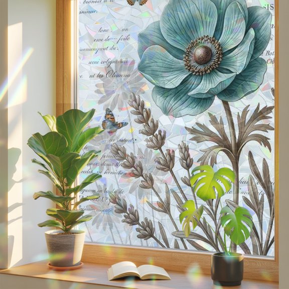 Floral Butterfly Retro Plant Window Privacy Film, Rainbow Film Decorative Window Sticker 17.7x39.3in, Vintage Old Newspapers Sun Blocking Static Stained Glass Cling Tint Non-Adhesive