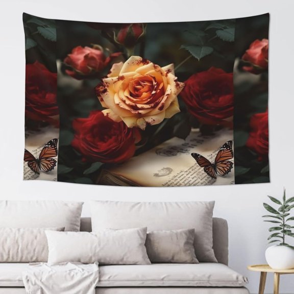 Floral Butterfly Roses Tapestry Boho Aesthetic Wall Hanging Vertical Decorative Wall Art 60 x 40 Inches for Bedroom and Living Room Decor