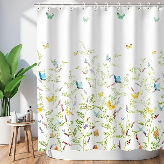 Floral Butterfly Shower Curtain Set with 12 Hooks, Butterfly Shower Curtains, Colorful Fabric Shower Curtain, Machine Washable, Colorful Flowers and Butterfly Shower Curtain, 72" W x 72" H