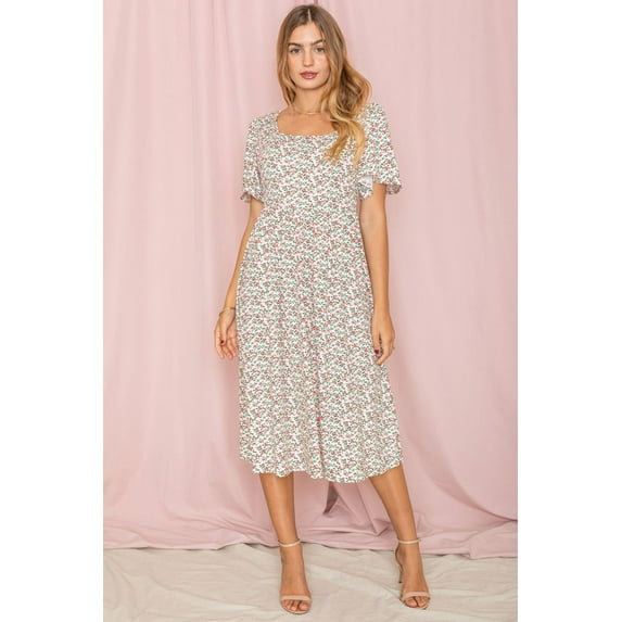 Floral Butterfly Sleeve Square Neck Midi Dress | S-3X