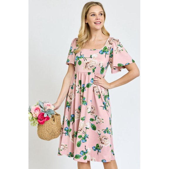 Floral Butterfly Sleeve Square Neck Midi Dress | S-3X