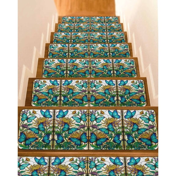 Floral Butterfly Stair Treads Retro Yellow Floral Blue Butterfly Yellow Glass Indoor Non Slip Peel and Stick Stair Treads for Wooden Steps 7 PCS, Soft Adhesive Staircase Mats Runner Rugs 8"x30"
