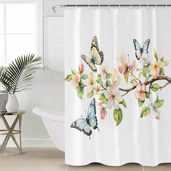 Floral Butterfly Standard Shower Curtain Set, Waterproof Shower Curtains for Bathroom, Watercolor Colorful Botanical Plants Washable Fabric Cloth Bath Curtain for Bathtub with Hooks 72x72 Inches