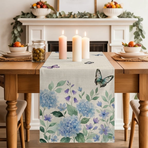 Floral Butterfly Table Runner 13x36 Inch Watercolor Summer Blue Purple Floral Butterfly Linen Cotton Linen Dining Table Runner Ideal for Dresser Kitchen Coffee Tables - Machine Washable