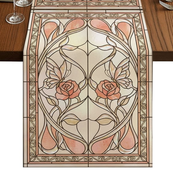 Floral Butterfly Table Runner 48 Inches Long, Retro Pink Floral Leaf Butterfly Pink Glass Cotton Linen Dining Table Runner Dresser Scarves for Home Kitchen Party Decor 13"x48"