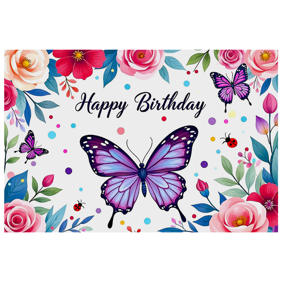 Floral Butterfly Themed Happy Birthday Banner Background Party Decorations Photography Props Backdrop for Birthday Party Celebration Photo Booth Decors