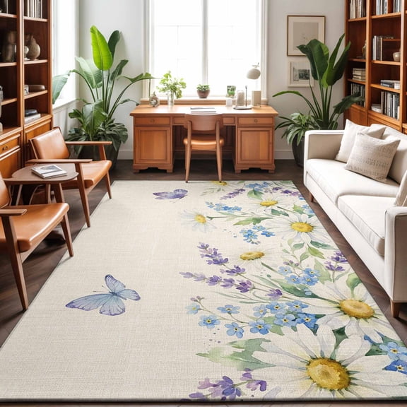 Floral Butterfly Washable Area Rug 9 x 12 ft Summer Country Daisy Lavender Linen Texture, Soft Non Slip Rugs Stain Repellent Indoor Felt Carpet for Living Dining Room Bedroom Home Office