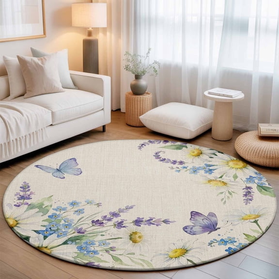 Floral Butterfly Washable Round Area Rug 7 ft, Summer Country Daisy Lavender Linen Texture, Soft Non Slip Rugs Stain Repellent Indoor Felt Carpet for Living Dining Room Bedroom Home Office