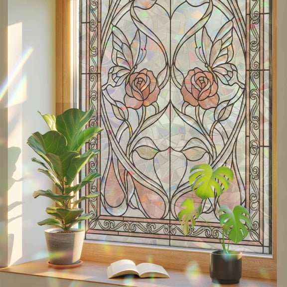 Floral Butterfly Window Privacy Film, Retro Pink Floral Leaf Butterfly Pink Glass Stained Glass Rainbow Film Decorative Window Clings, Static Cling Sun Blocking Stickers 19.6" x 39.3"