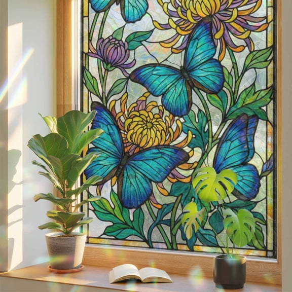 Floral Butterfly Window Privacy Film, Retro Yellow Floral Blue Butterfly Yellow Glass Stained Glass Rainbow Film Decorative Window Clings, Static Cling Sun Blocking Stickers 23.6" x 59"