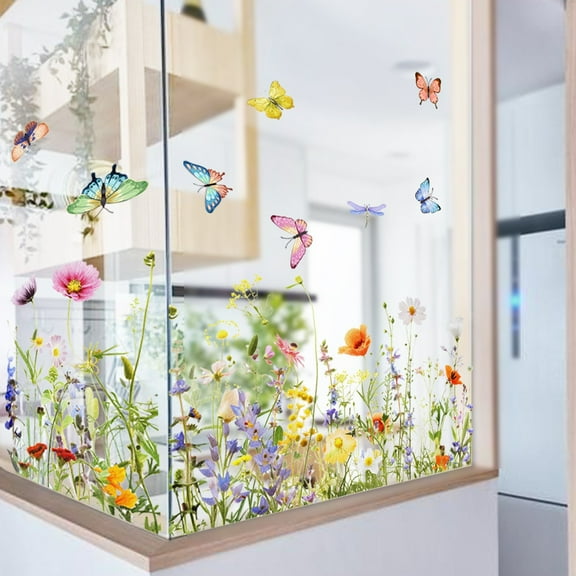 Floral Butterfly Window Stickers Static Cling Decals For Home Office Glass Decor Removable Double Sided Visible Adhesive Free Wall Art Seasonal Decoration 12X10 Inches 0.16 Lb