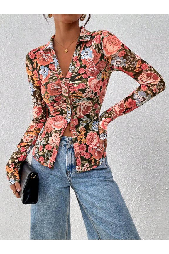 Floral Button-Down Blouse Black Background With Pink Roses Ruched V-Neck Long Sleeve Fitted Top