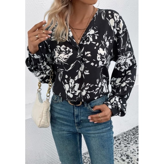 Floral Button Down Collared Shirt, Black, X-Large