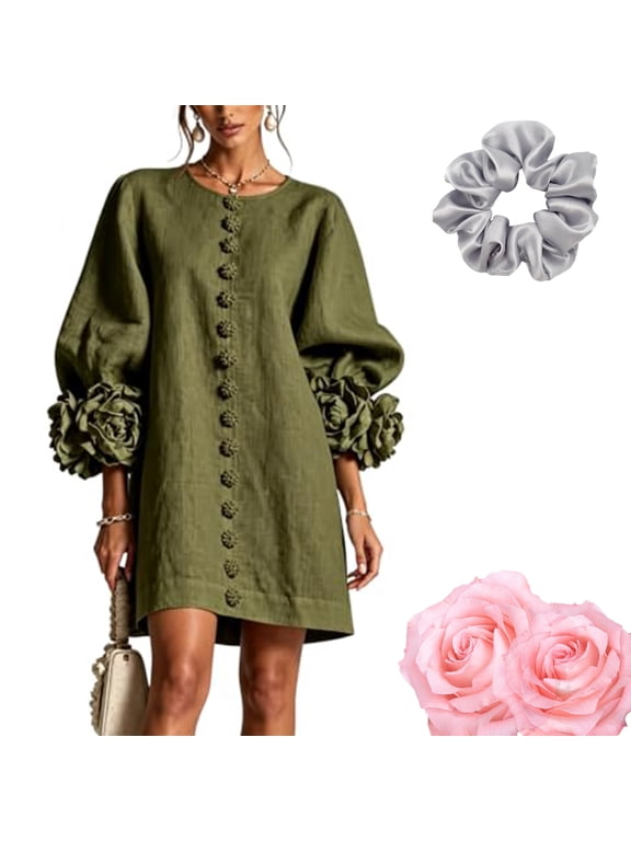 Floral Button-Down Mini Dress with Striking Floral Cuffs, 3D Floral Mini Dress for Women, Round Neck Puff Sleeve Solid Color Loose Dress, Elegant French Style, for Home, Travel