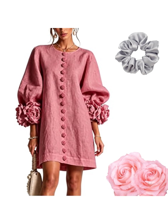 Floral Button-Down Mini Dress with Striking Floral Cuffs, 3D Floral Mini Dress for Women, Round Neck Puff Sleeve Solid Color Loose Dress, Elegant French Style, for Home, Travel