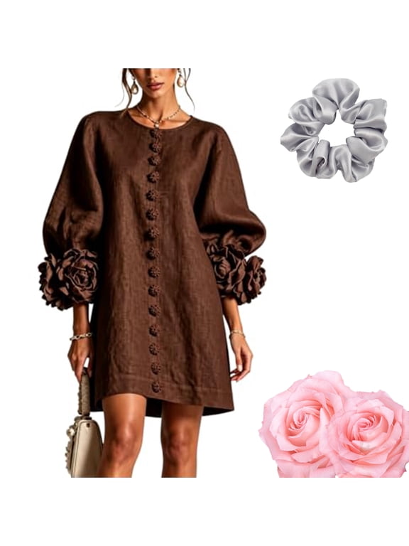 Floral Button-Down Mini Dress with Striking Floral Cuffs, 3D Floral Mini Dress for Women, Round Neck Puff Sleeve Solid Color Loose Dress, Elegant French Style, for Home, Travel