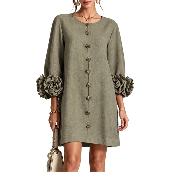 Floral 3/4 Sleeve Mini Dress with Striking Floral Cuffs Loose Fit Dress, M