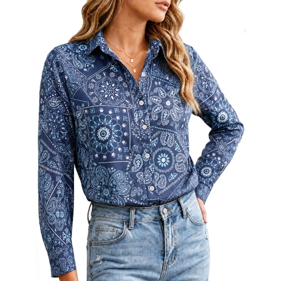Floral Button Down Shirts for Women Floral Print Blouse Casual Dressy Long Sleeve Boho Tops