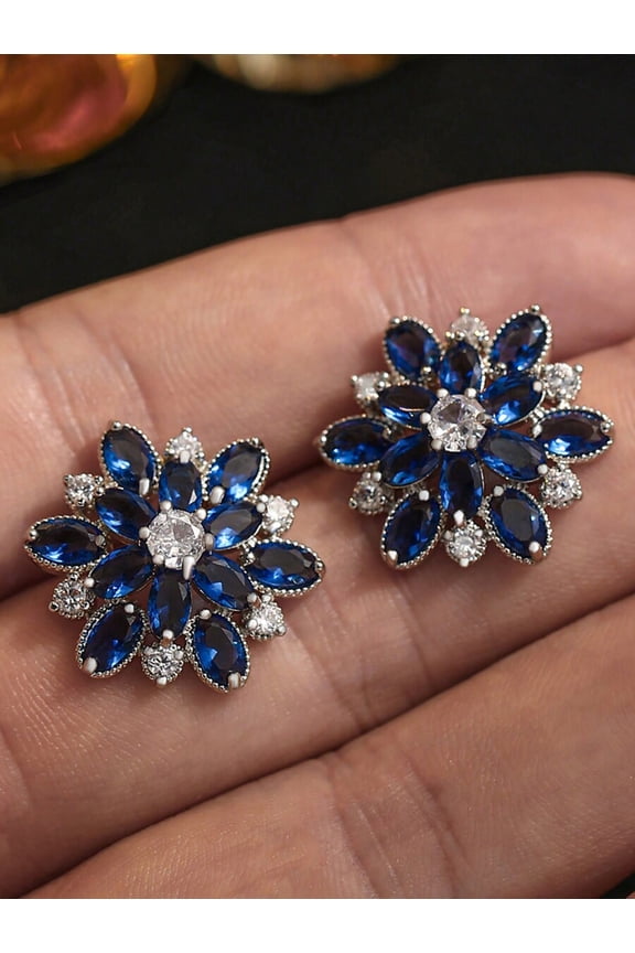 Floral CZ Zirconia Stud Earrings Blue 2-Pack