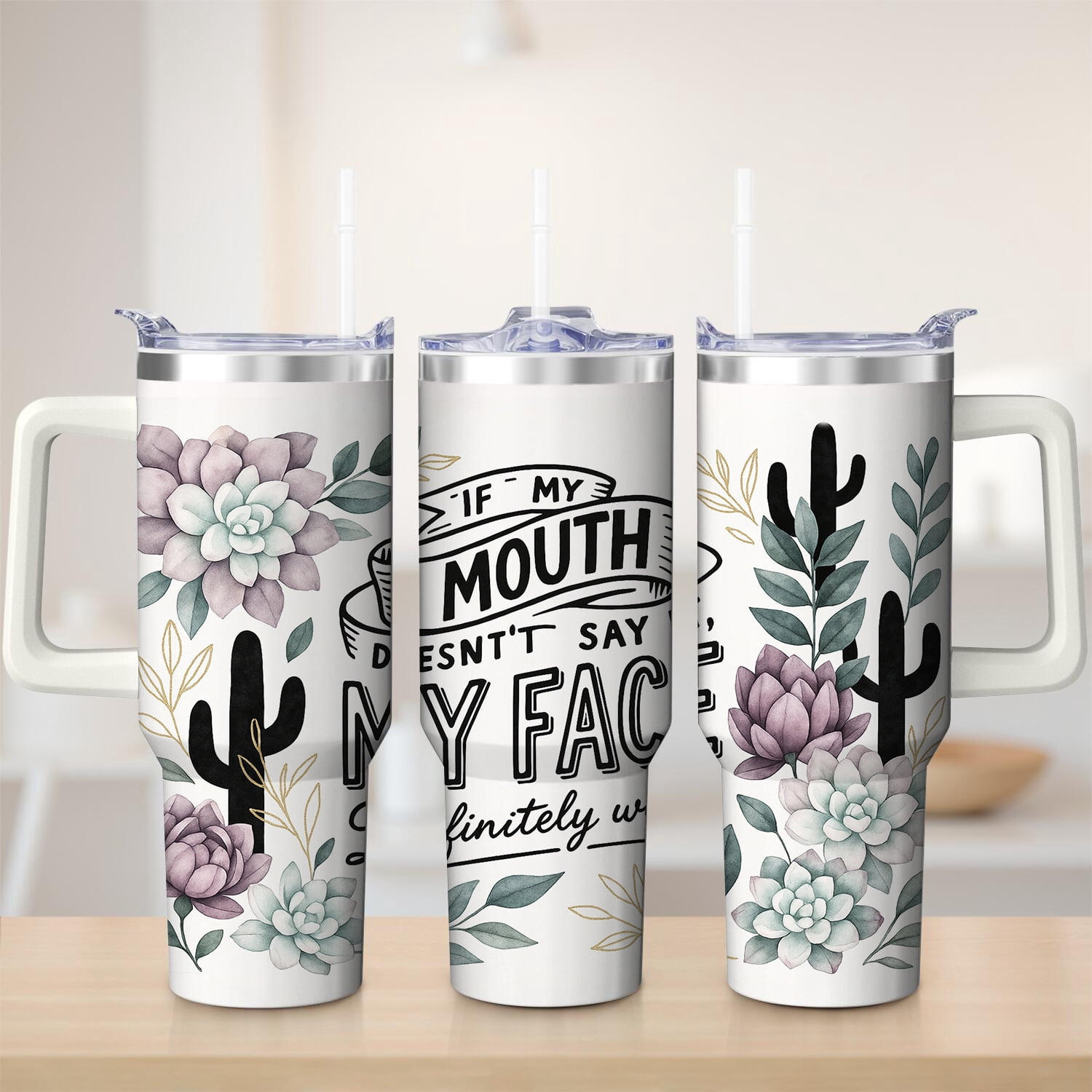 Floral Cactus Design Stainless Steel Insulated Mug with Lid and Handle ...