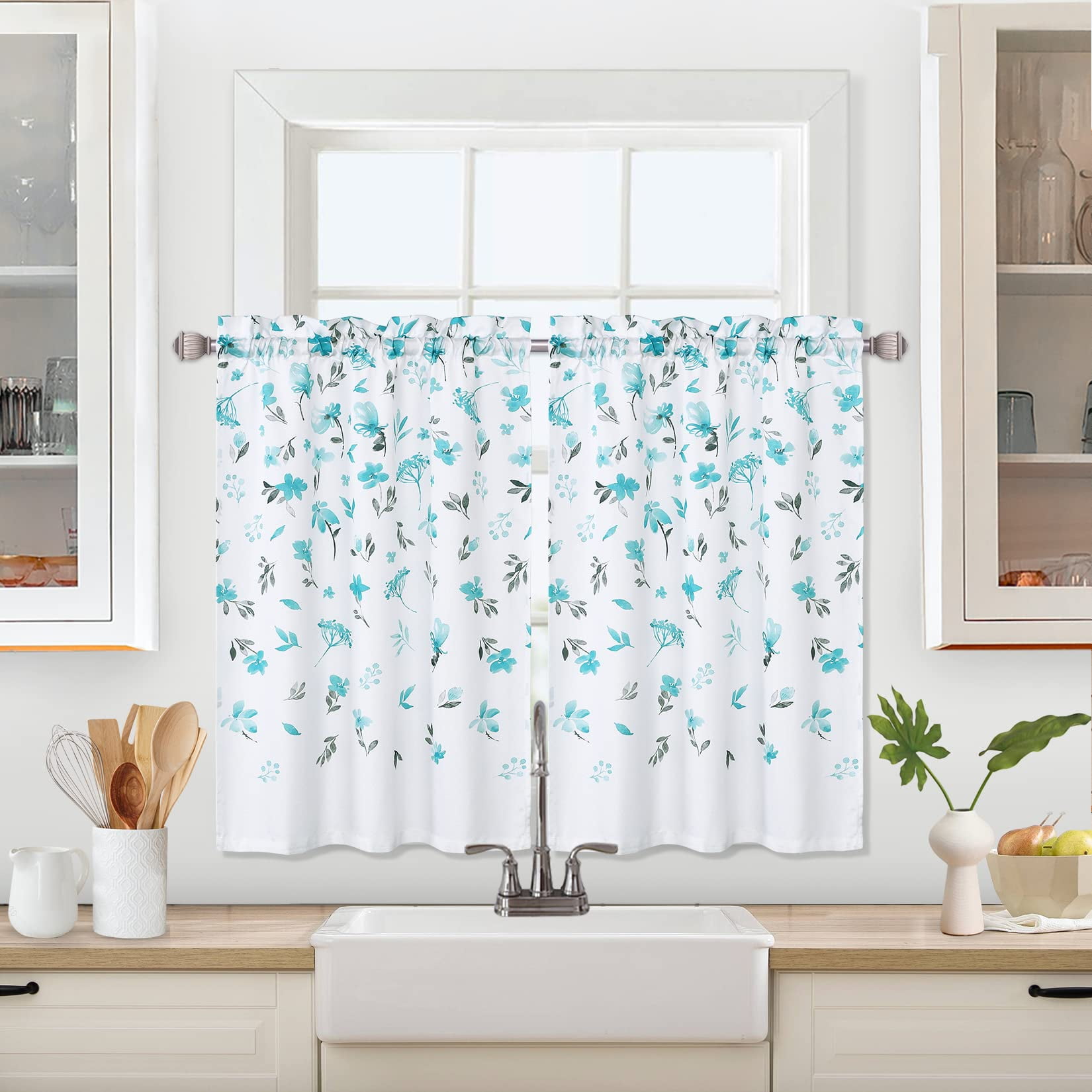 Floral Cafe Curtains, Watercolor Leaf Print Rod Pocket Bathroom Window ...