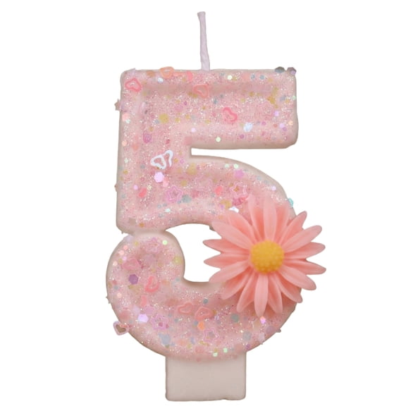 Floral Cake Topper, Spring Birthday Decor, Pink Daisy Flower Number 5 Candle With Tray - Fairy First Birthday Decorations, Glitter Cake Topper for Princess & Garden Parties, Flower H Number 5