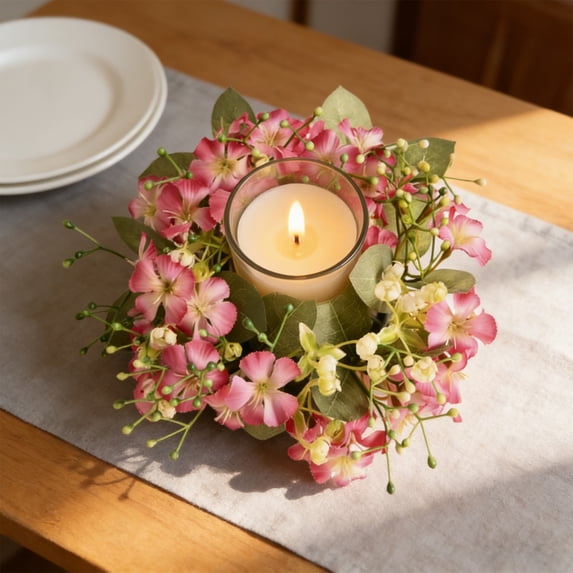 Floral Candle Ring with Artificial Flowers for Wedding Centerpiece and Table Decorations, Spring Summer Wreath Candle Holder for Party Dining Table Displays and Seasonal Home Decor