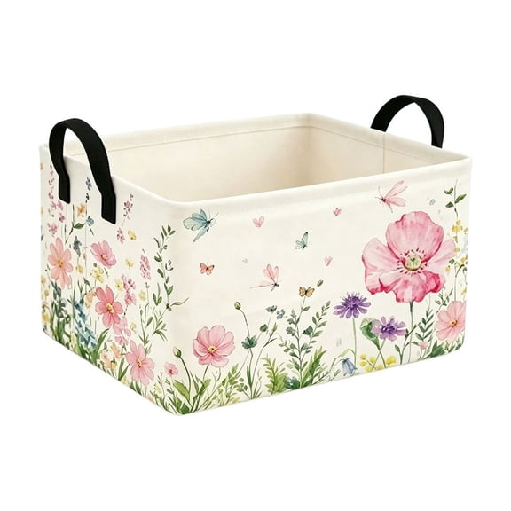 Floral Canvas Storage Bin Large Clothes Toy Organizer Basket With Handles