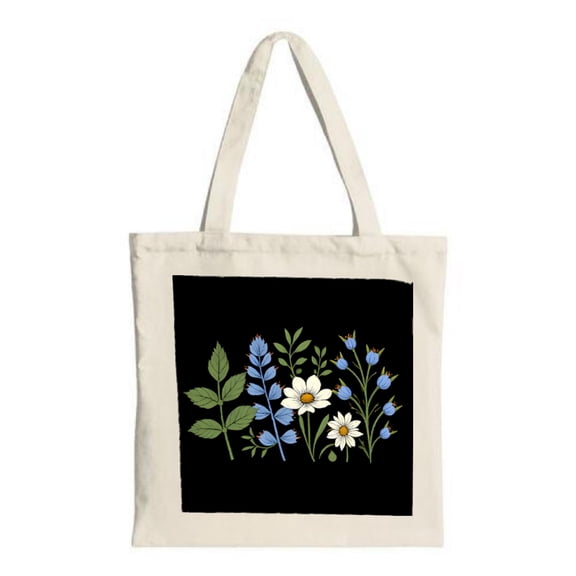 Floral Canvas Tote Bag - Black Background with White Daisies & Blue Flowers Sturdy Fabric Handles Perfect for Shopping & Travel