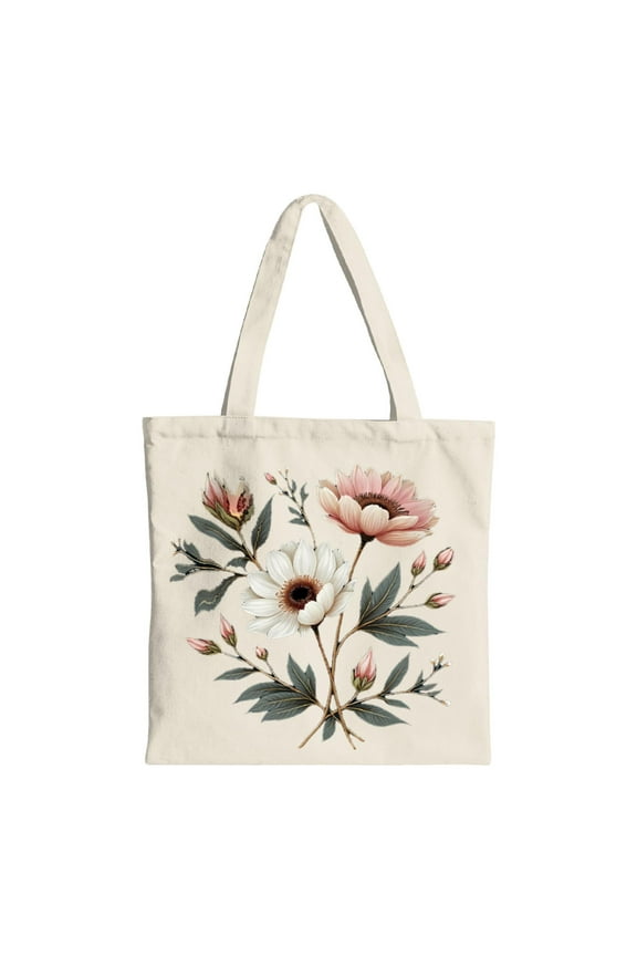 Floral Canvas Tote Bag - Elegant Pink Flowers & White Daisies on Beige - Reusable Shopping Bag for Parties Travel & Everyday Use