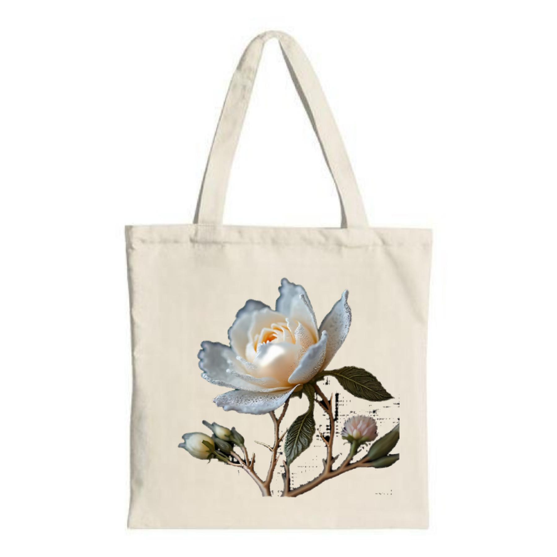 Floral Canvas Tote Bag - Elegant White Flower & Buds on Off - White ...