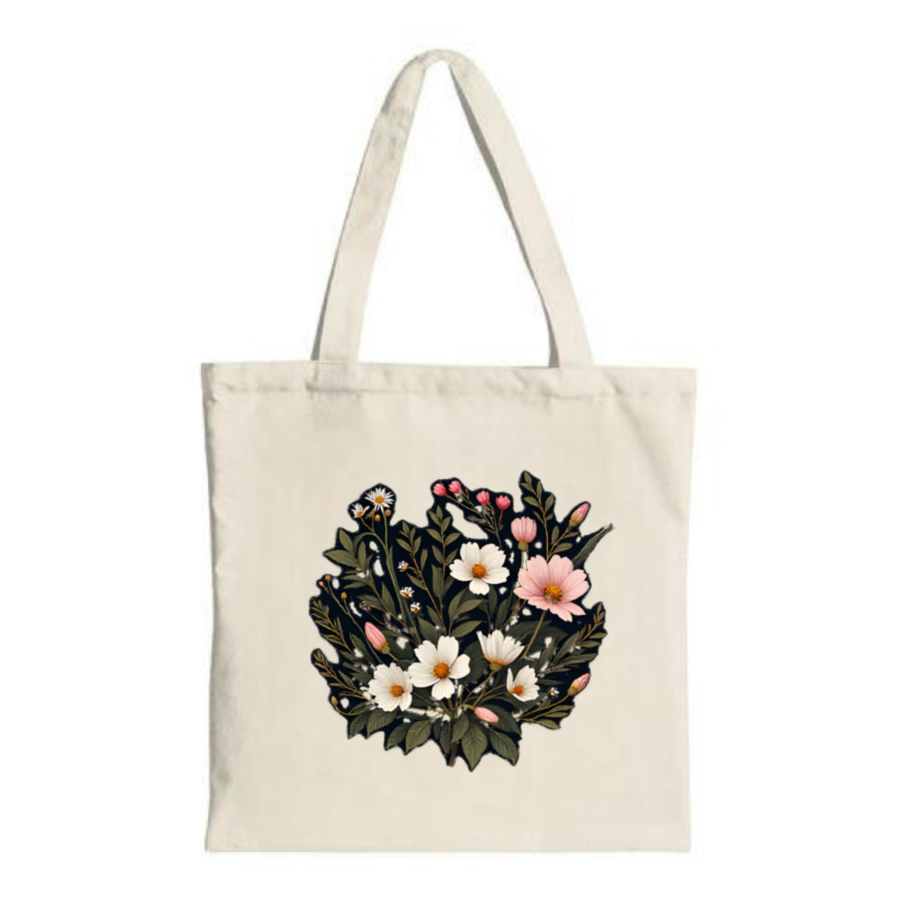 Floral Canvas Tote Bag - Elegant white and pink flowers with green ...