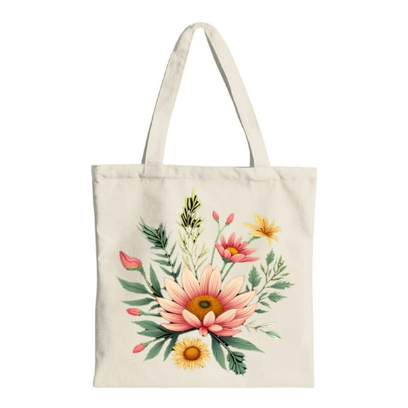 Floral Canvas Tote Bag - Large Pink Flower Center Design with Green Leaves Soft Fabric Reusable Shopping Bag for Parties Travel & Everyday Use