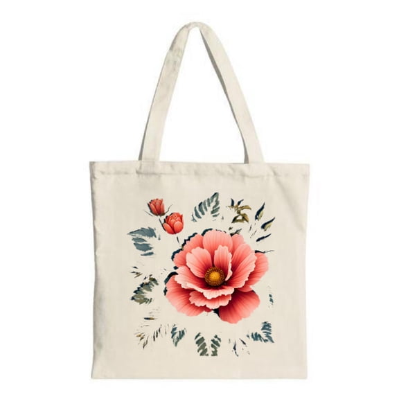 Floral Canvas Tote Bag - Large Pink Flower with Yellow Center Surrounded by Red Flowers & Green Leaves on Beige Background Perfect for Shopping & Travel