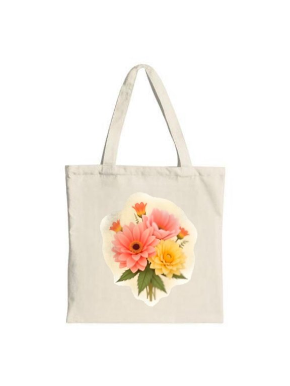 Floral Canvas Tote Bag - Vibrant Pink Yellow & Orange Blooms with Green Leaves Perfect for Shopping Travel & Parties