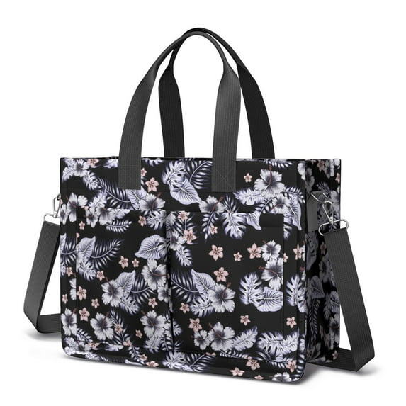 Floral Canvas Tote Bag for Women with Compartments, Large Cute Flower Teacher Student Shoulder Bag Nurse Purses Crossbody Bags Work Laptop Book Bag Satchels Handbags