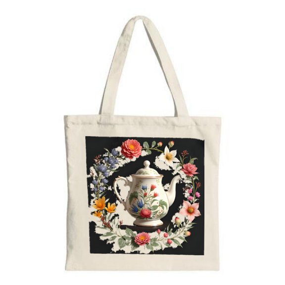 Floral Canvas Tote Bag with White Teapot & Colorful Blossoms on Black Background - Perfect for Shopping Travel & Parties